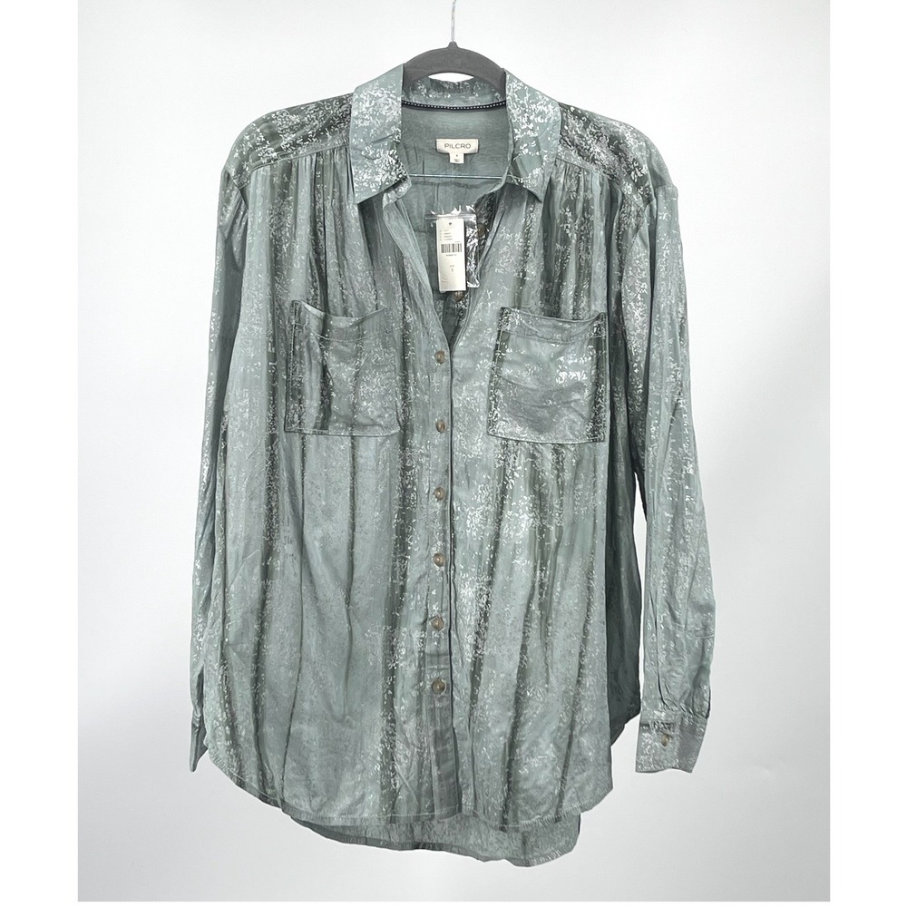 NWT Pilcro Foil Shine Buttondown Shirt Womens S Green Silver Anthropologie